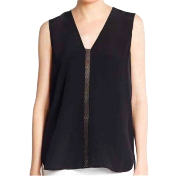 Vince Laser Cut Leather Panel Silk Blouse - Picture 1 of 8